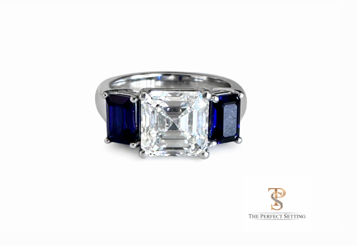 three stone lab asscher cut diamond with lab sapphire ring 