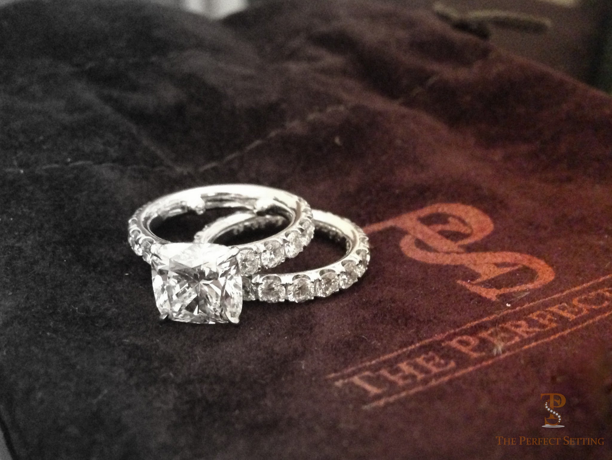 3.15 Cushion Cut Diamond Engagement Ring Shown with matching wedding band