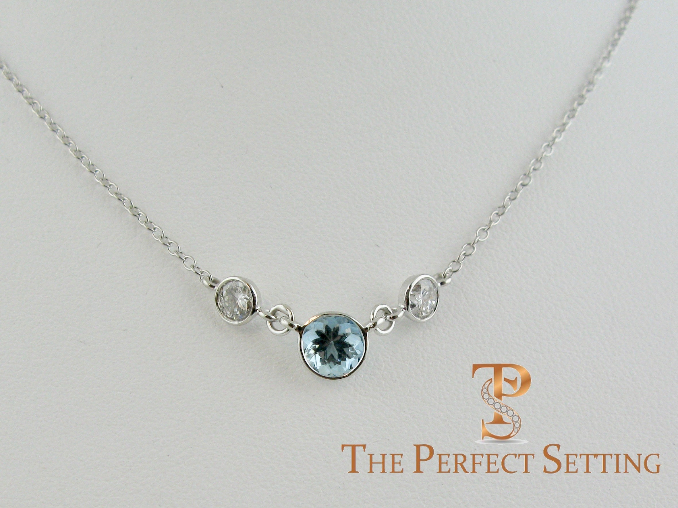 Aquamarine and Diamond Necklace Bezel Three Stone
