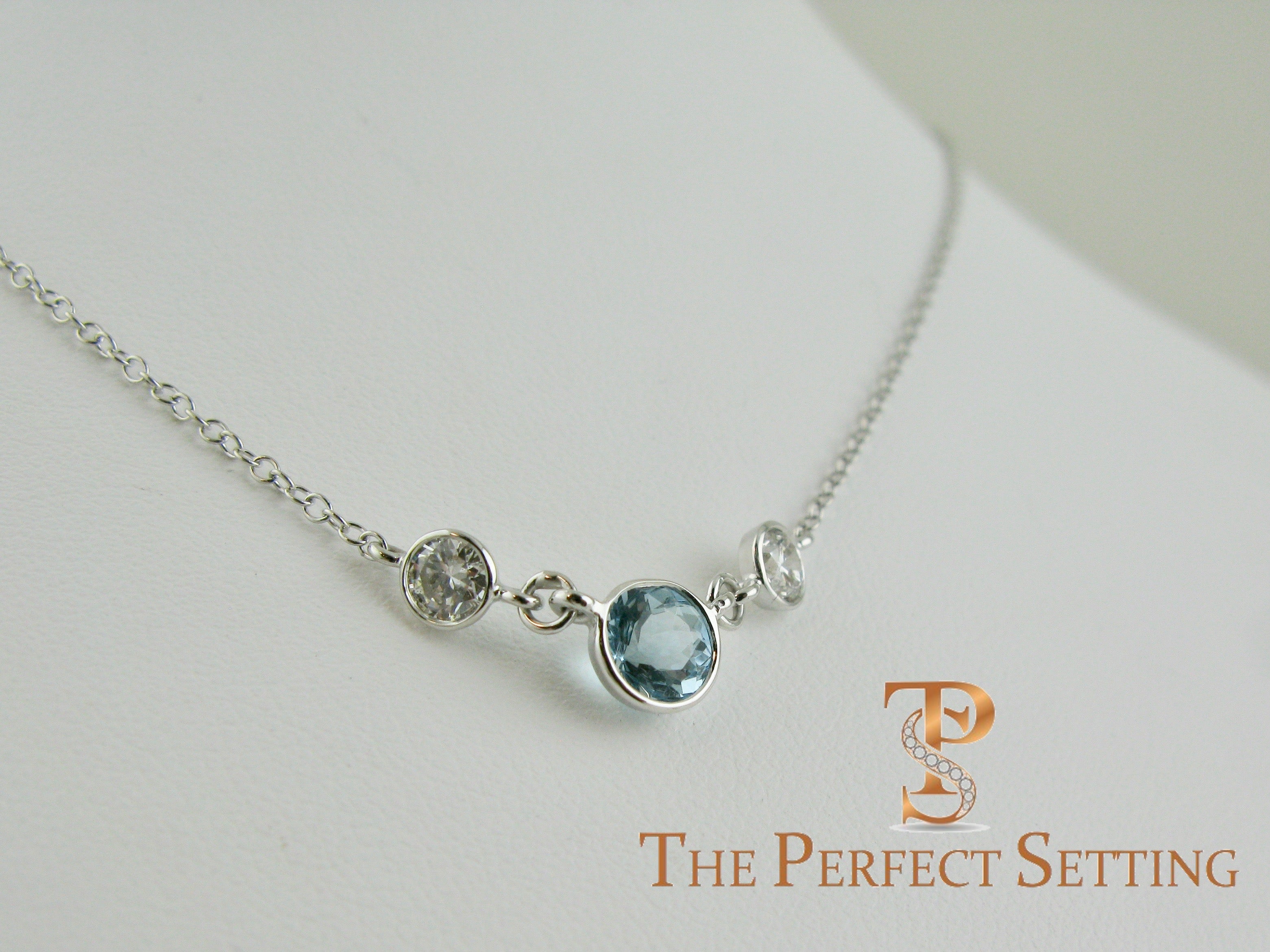 Aquamarine and Diamond Necklace Bezel Three Stone Birthstone
