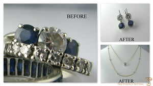 Reset unworn engagement ring before and after photo of necklace and earring