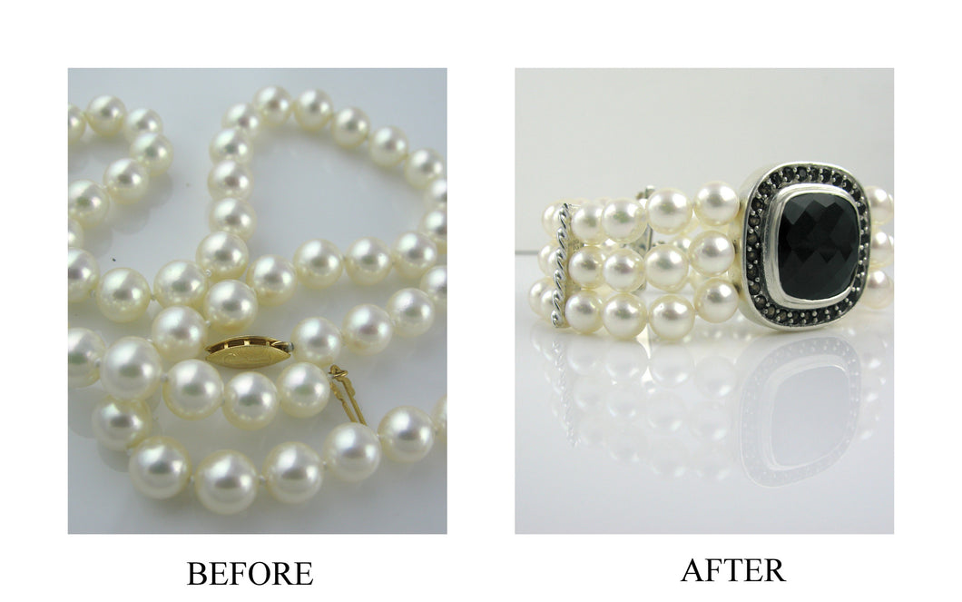 before and after resetting akoya pearls onyx topaz bracelet