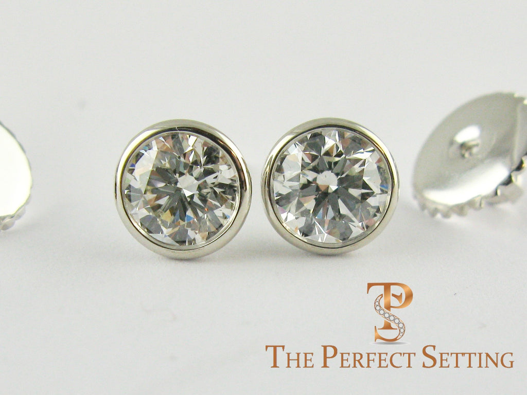 Bezel Set Diamond Studs Screw Back Earrings
