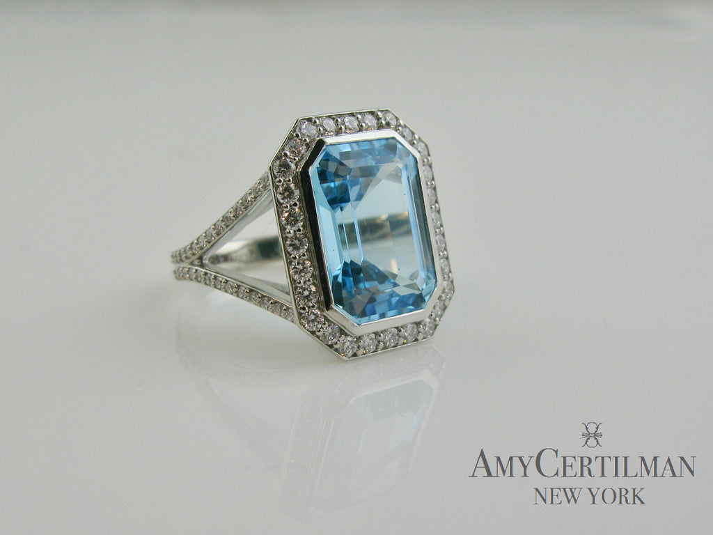 Custom Large Blue Topaz and Diamond Cocktail Ring