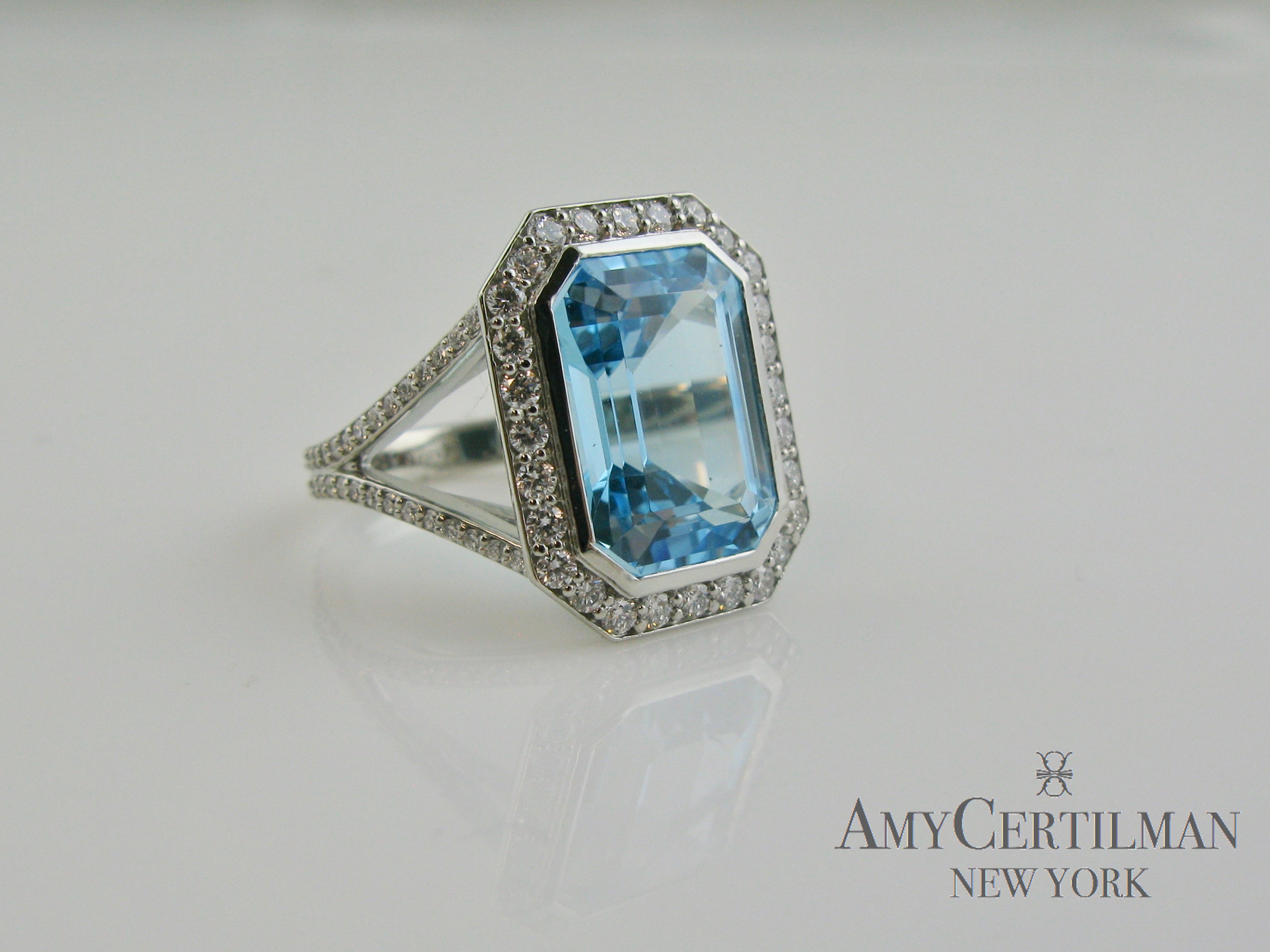 Custom Large Blue Topaz and Diamond Cocktail Ring