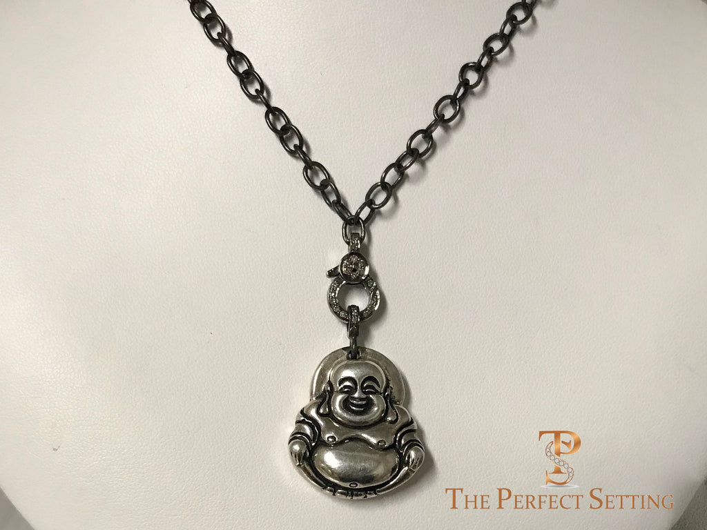 Budda Pendant on Oxidized Silver Chain with Diamond Clasp