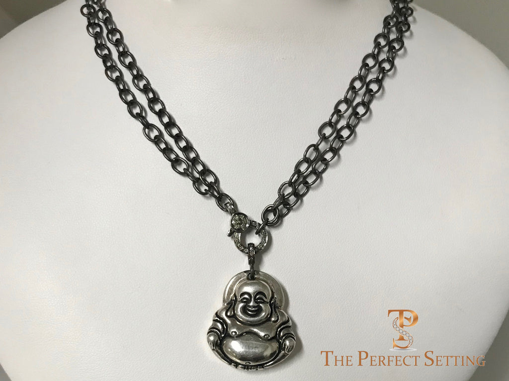 Budda Pendant on Oxidized Silver Chain with Diamond Clasp