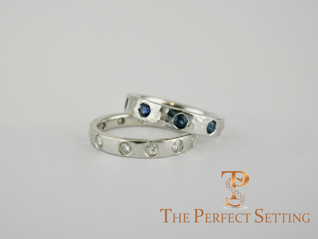 Modern Burnished Diamond Sapphire Hand Hammered Ring