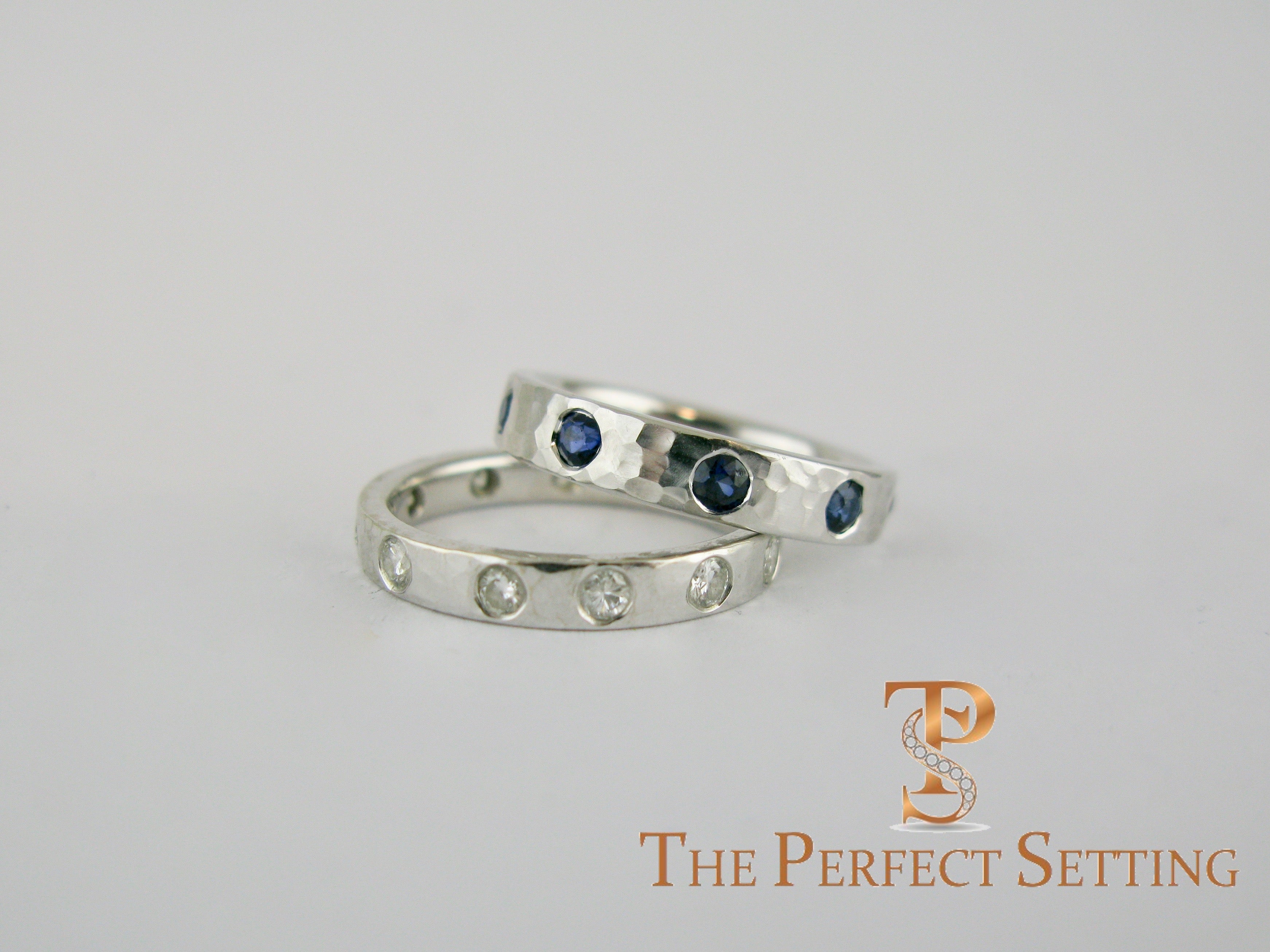 Modern Burnished Diamond Sapphire Hand Hammered Ring