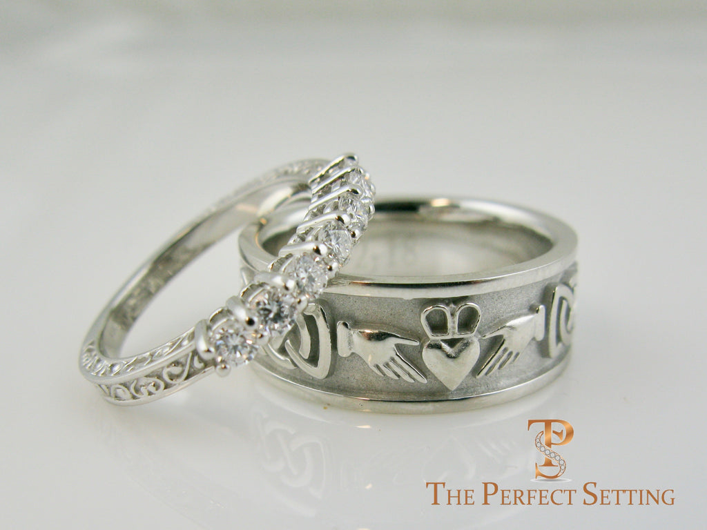 vintage scroll 7 stone diamond wedding band with claddagh celtic knot 