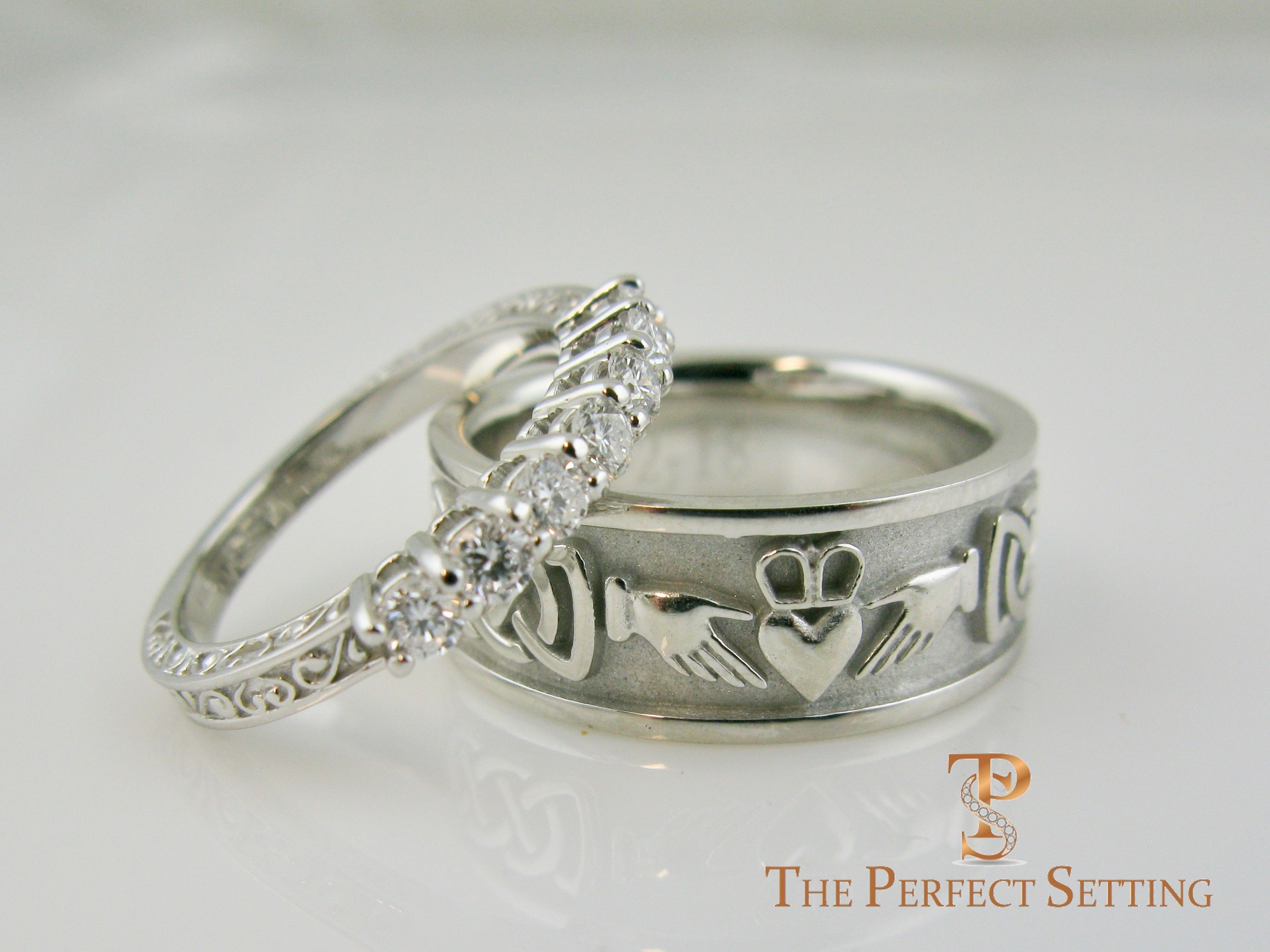 vintage scroll 7 stone diamond wedding band with claddagh celtic knot 