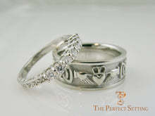 Load image into Gallery viewer, vintage scroll 7 stone diamond wedding band with claddagh celtic knot 