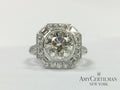 Deco Inspired Diamond Engagement Ring Baguettes Round Halo Milgrain