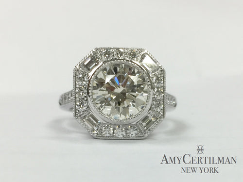 Deco Inspired Diamond Engagement Ring Baguettes Round Halo Milgrain