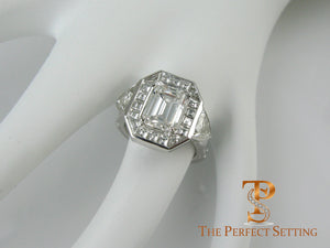 Emerald Cut Diamond Ring with Baguette Halo Engagement Ring