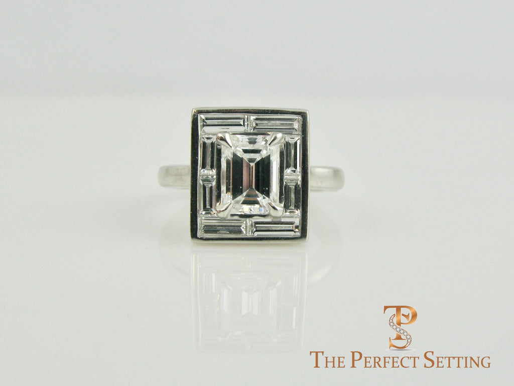 Deco Emerald Cut Diamond Ring Baguette Halo 