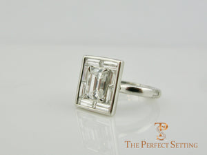 Deco Emerald Cut Diamond Engagement Ring Baguette Halo Adjustable Shank