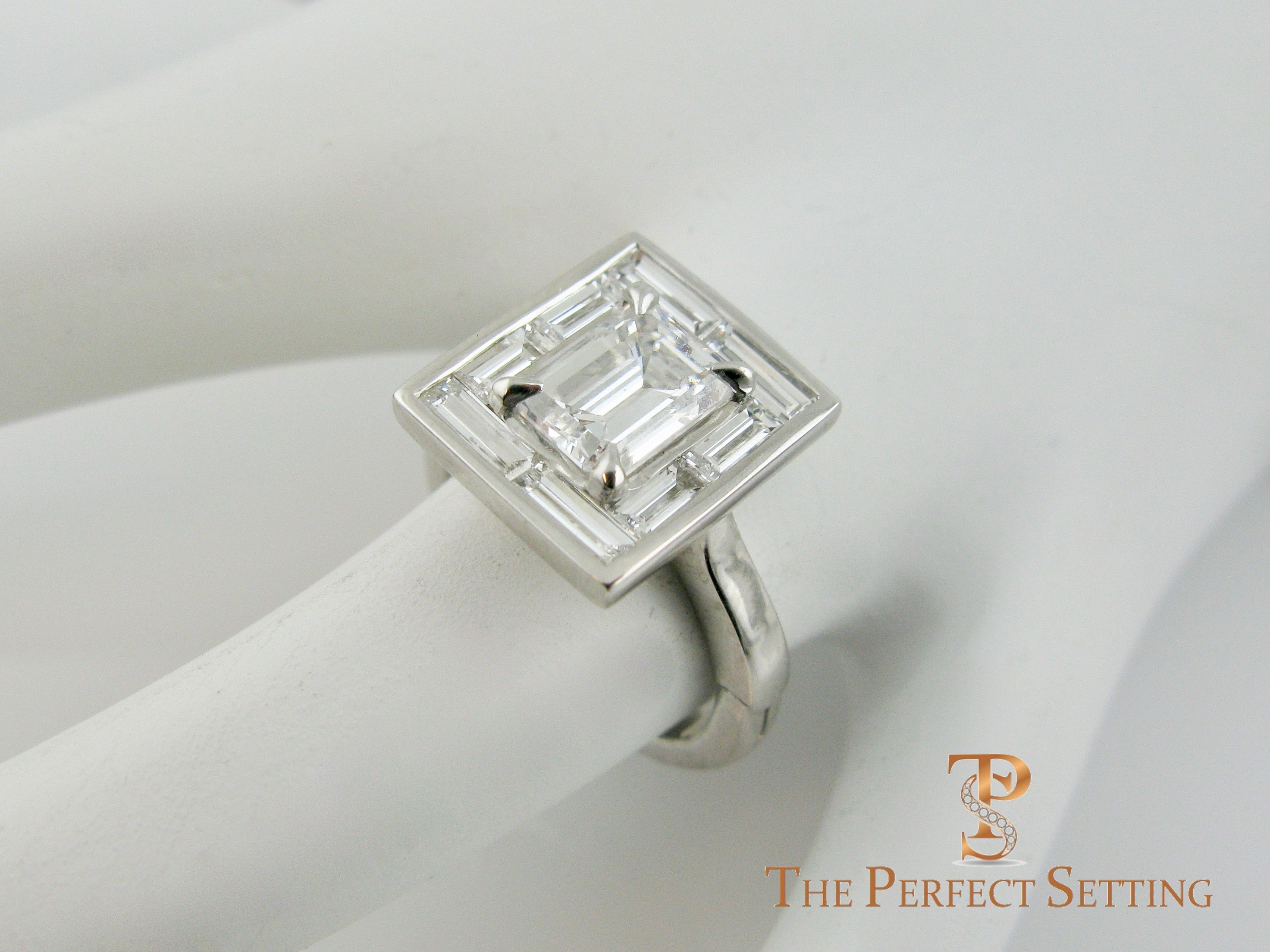 Deco Emerald Cut Diamond Ring Baguette Halo engagement