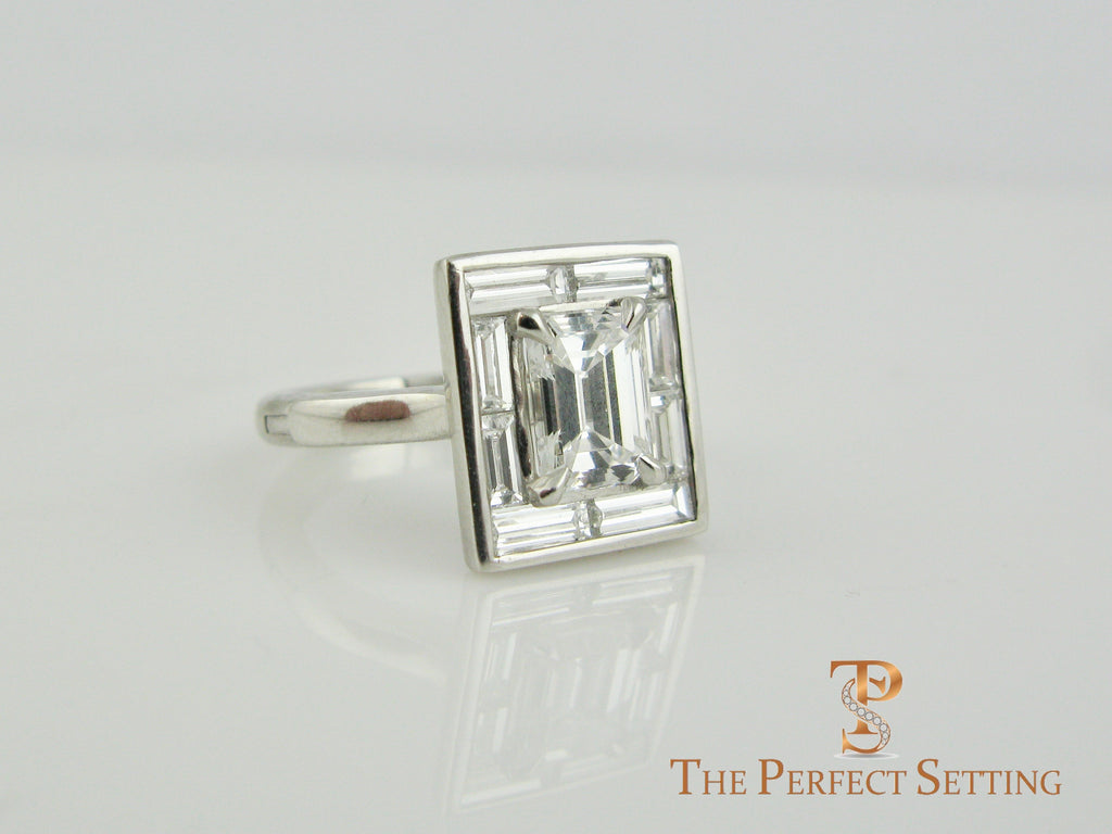 Deco Emerald Cut Diamond Ring Baguette Halo Adjustable Shank 