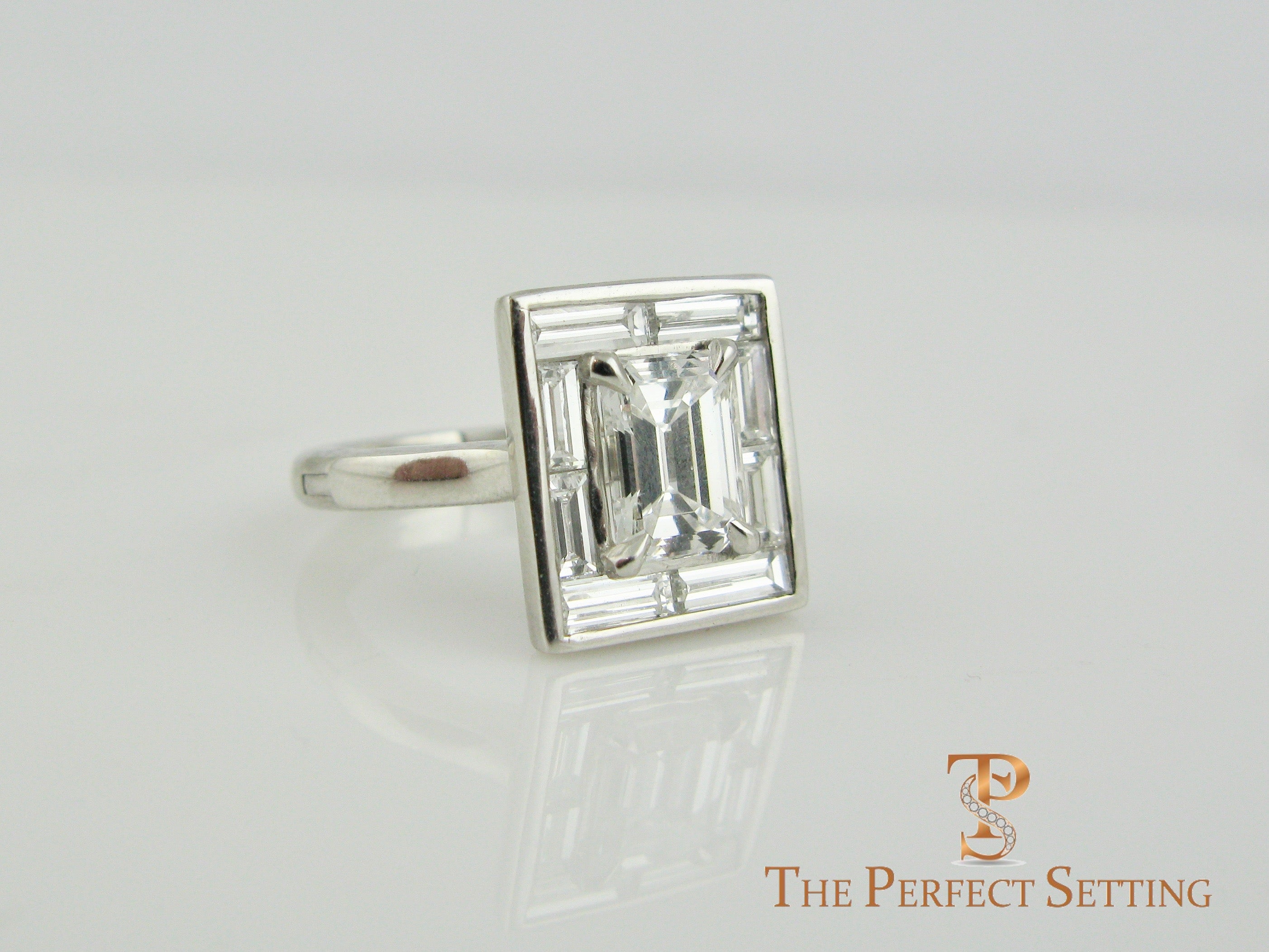 Deco Emerald Cut Diamond Ring Baguette Halo Adjustable Shank 
