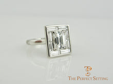 Load image into Gallery viewer, Deco Emerald Cut Diamond Ring Baguette Halo Adjustable Shank 