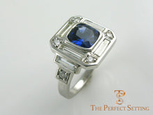 Load image into Gallery viewer, Sapphire and Diamond Deco inspired engagement ring