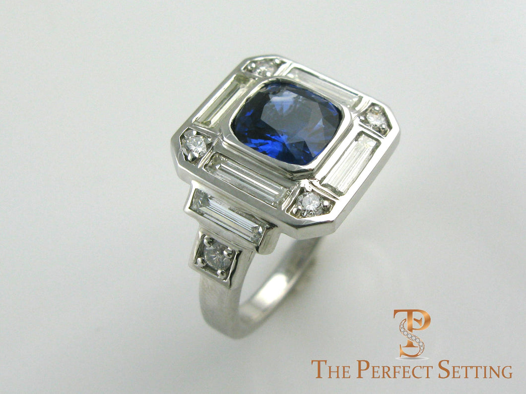 Sapphire and Diamond Deco inspired engagement ring
