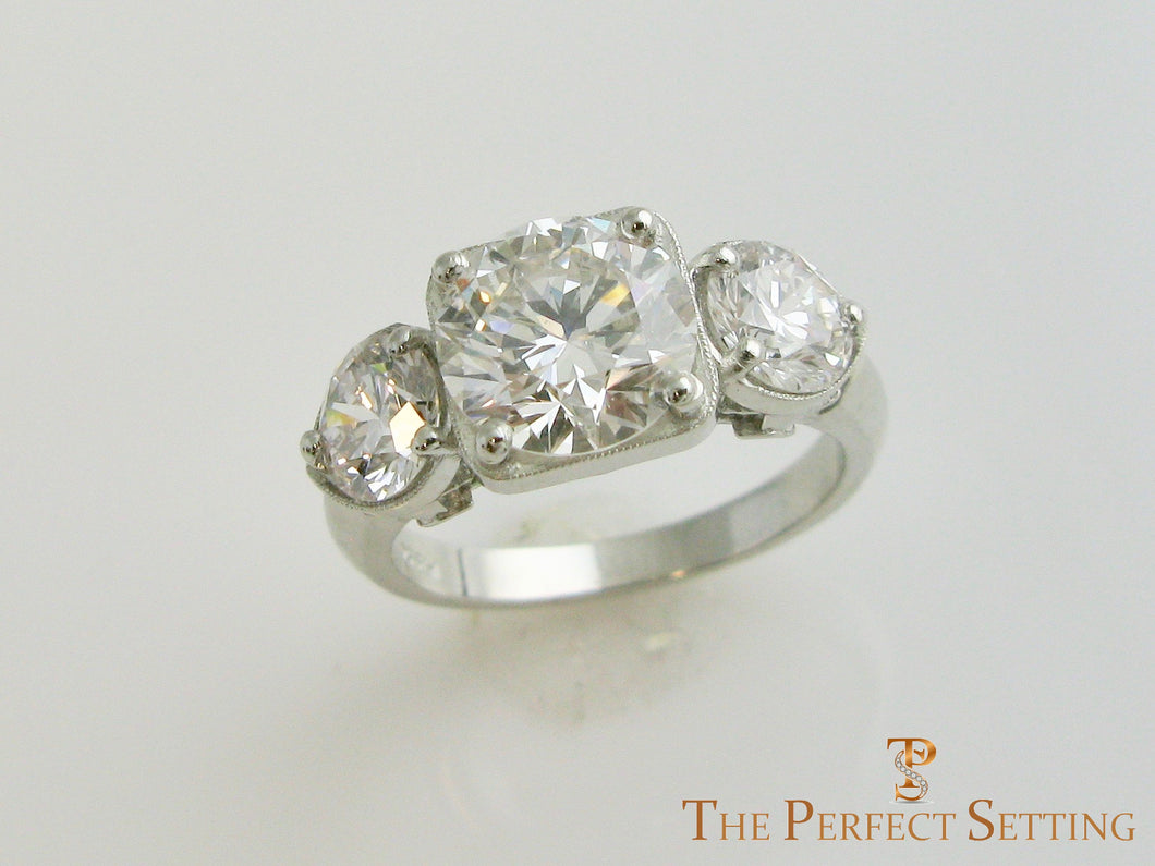 The Fountain Head Deco Themed 3 Stone Cultured Lab Diamond Engagement Ring