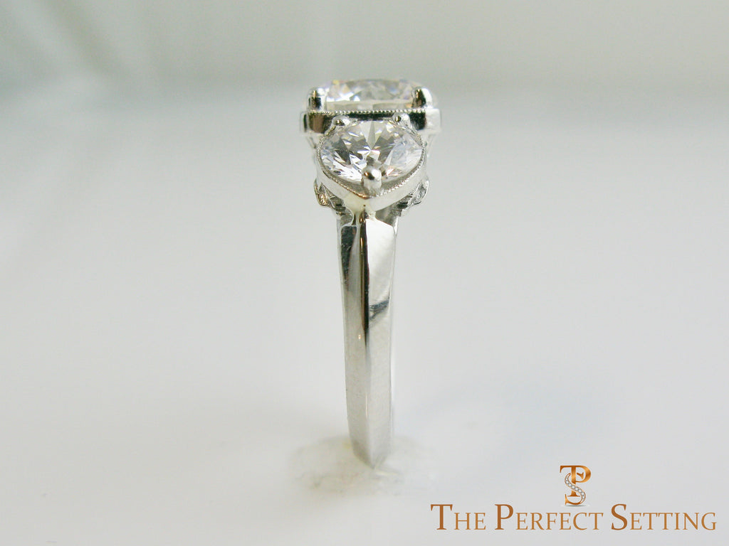 The Fountain Head Deco Themed 3 Stone Cultured Lab Diamond Engagement Ring
