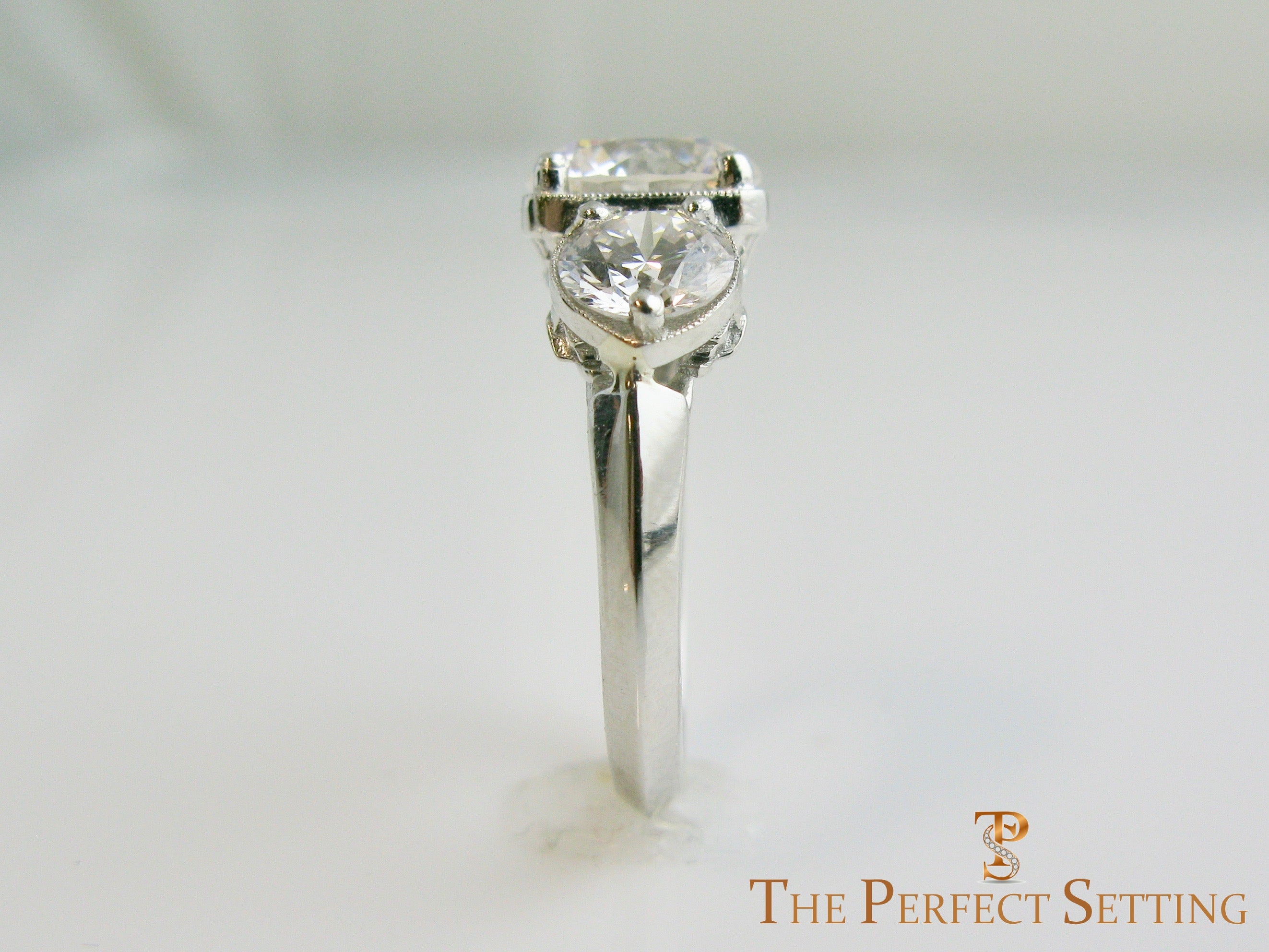 The Fountain Head Deco Themed 3 Stone Cultured Lab Diamond Engagement Ring