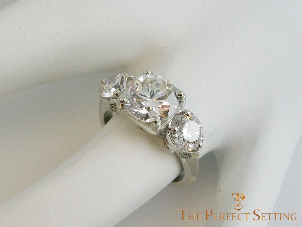 The Fountain Head Deco Themed 3 Stone Cultured Lab Diamond Engagement Ring