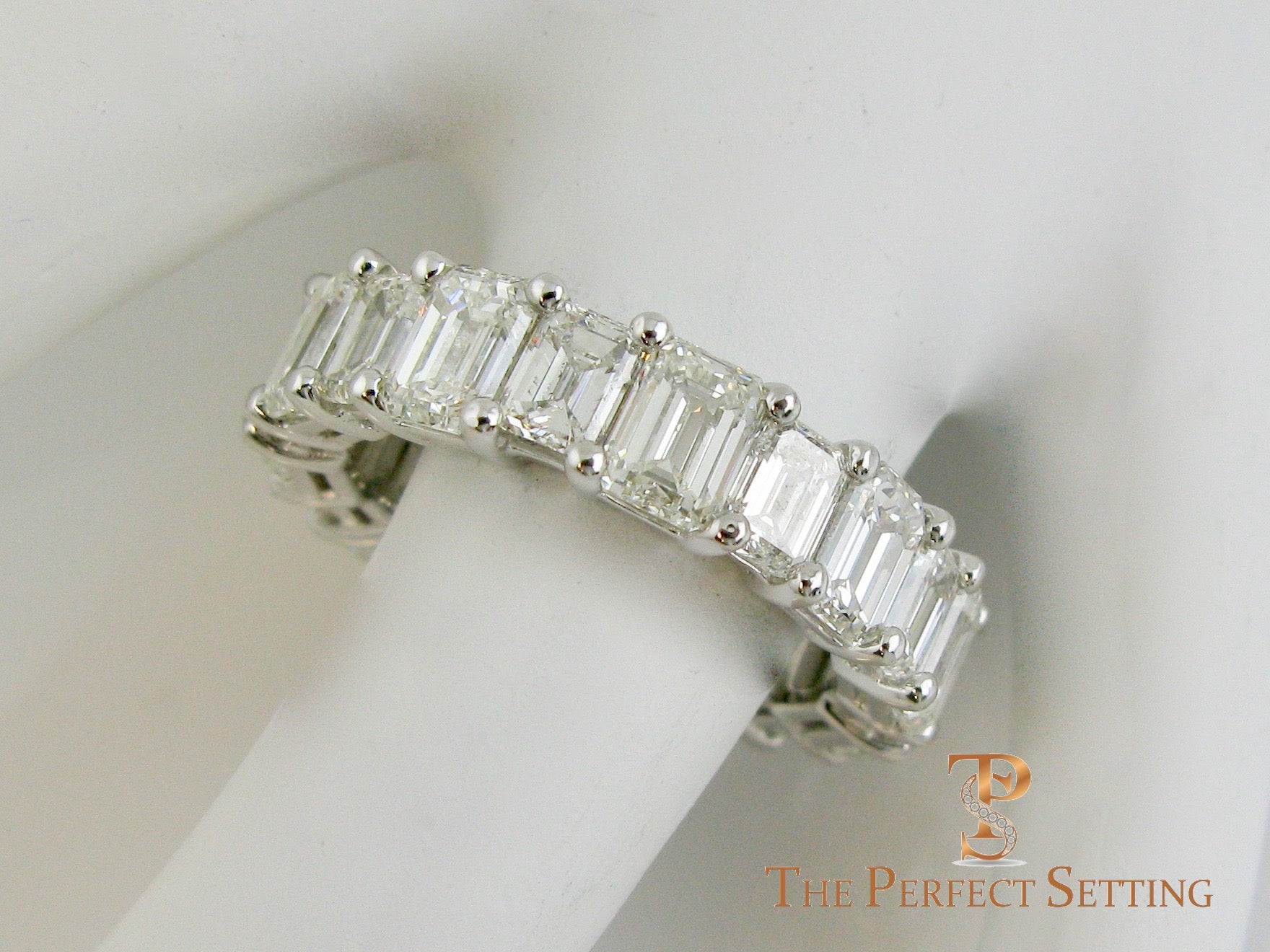 Emerald Cut Diamond Eternity Band Alternating size stones on finger