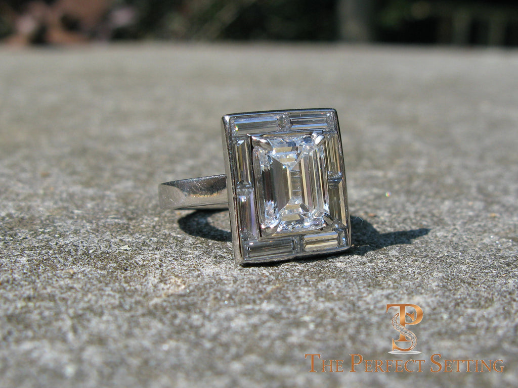 Baguette Halo Emerald Cut Diamond Engagement Ring platinum