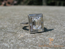 Load image into Gallery viewer, Baguette Halo Emerald Cut Diamond Engagement Ring platinum