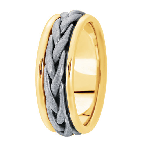Hand woven mens wedding band two tone yellow gold