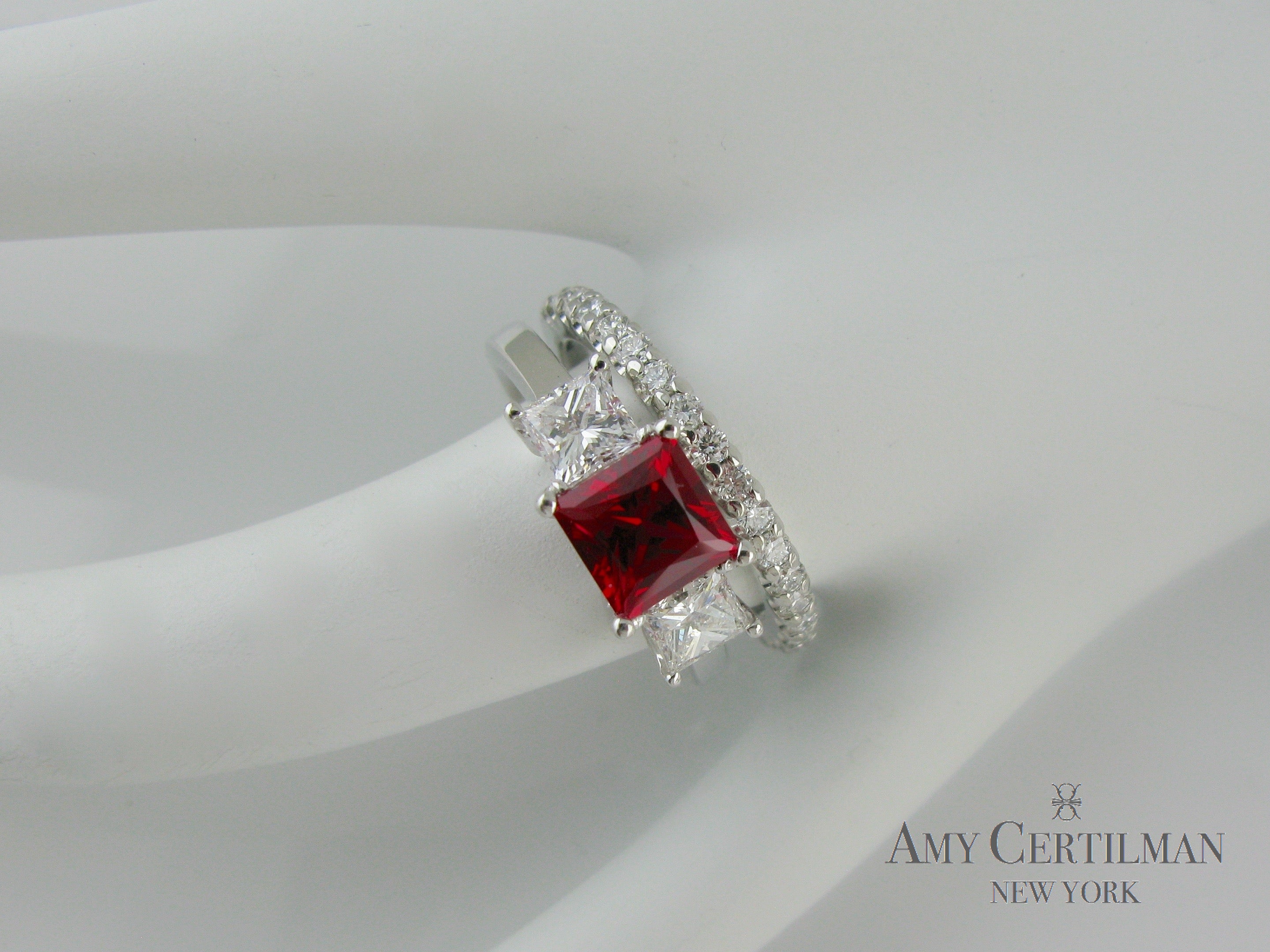 Lab Created Ruby and Diamond Three Stone Engagement Ring