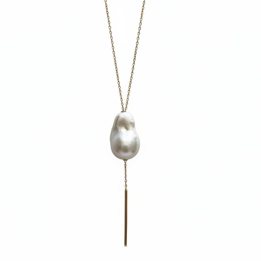 Large White Baroque Pearl 14K Gold Slide Chain Lariat 