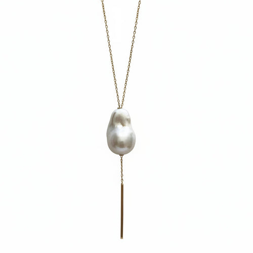 Large White Baroque Pearl 14K Gold Slide Chain Lariat 