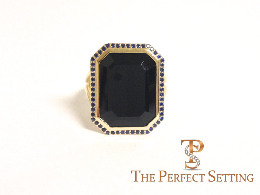 Custom Onyx and Sapphire Halo Statement Ring | 18K Yellow Gold | Right Hand Ring | Handmade NYC
