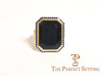 Custom Onyx and Sapphire Halo Statement Ring | 18K Yellow Gold | Right Hand Ring | Handmade NYC