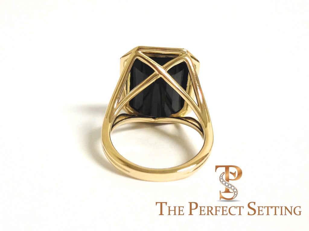 Custom Onyx and Sapphire Halo Statement Ring | 18K Yellow Gold | Right Hand Ring | Handmade NYC