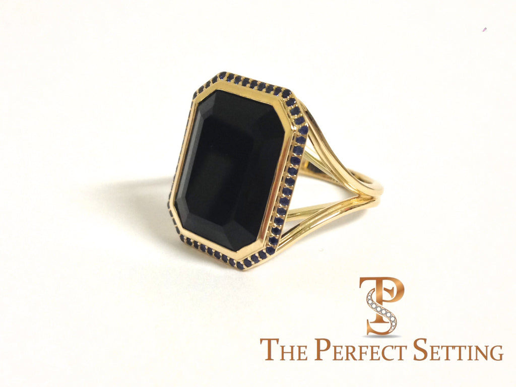 Custom Onyx and Sapphire Halo Statement Ring | 18K Yellow Gold | Right Hand Ring | Handmade NYC