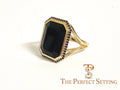 Custom Onyx and Sapphire Halo Statement Ring | 18K Yellow Gold | Right Hand Ring | Handmade NYC