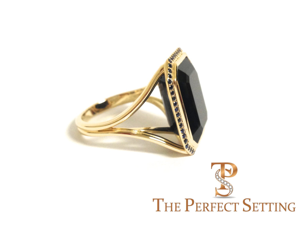 Custom Onyx and Sapphire Halo Statement Ring | 18K Yellow Gold | Right Hand Ring | Handmade NYC