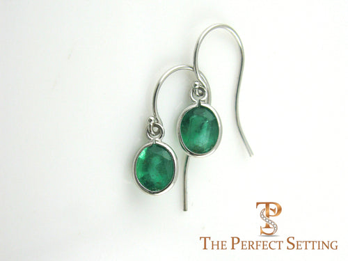 Oval Emeralds on Earring Wire 18K White Gold 