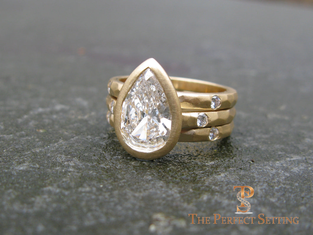Pear Diamond Bezel Set Signature Ring 18K Yellow Gold