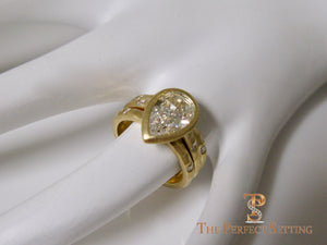 Pear Diamond Bezel Set Signature Ring 18K Yellow Gold