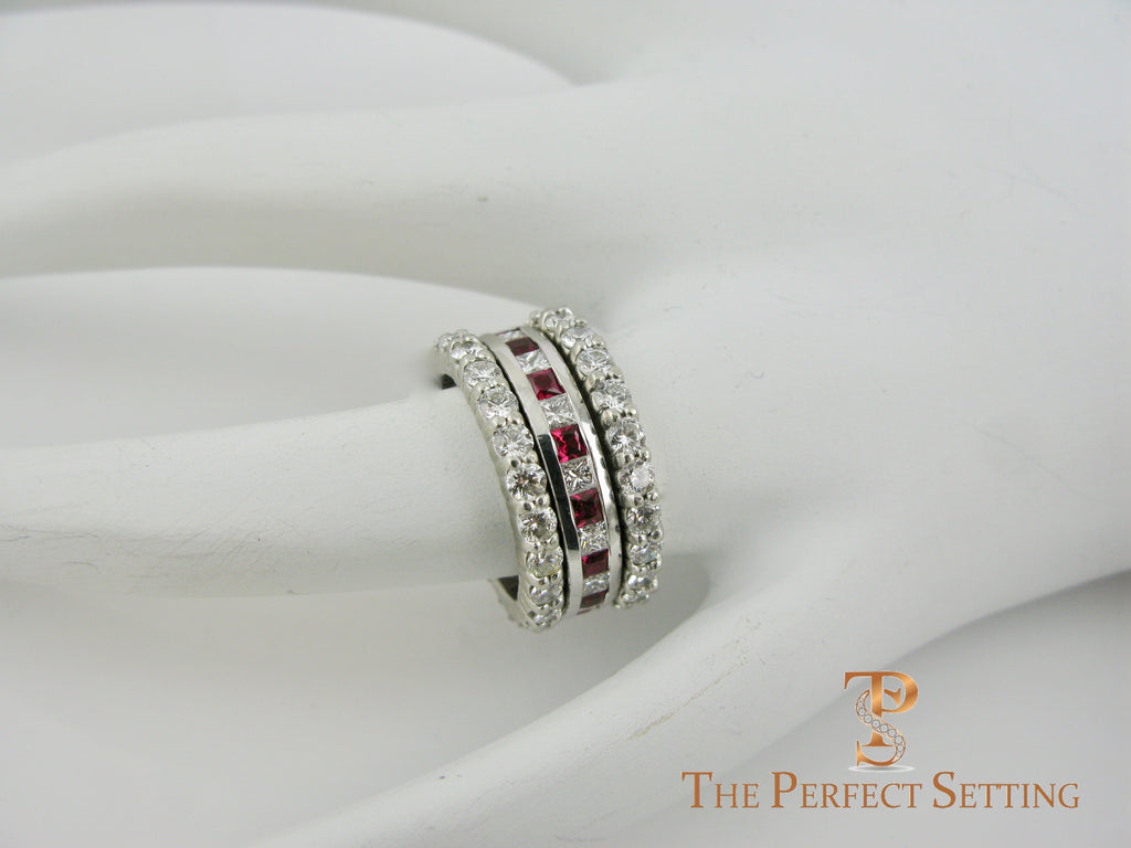 Ruby Diamond Princess Cut Channel Wedding Ring with diamond ring