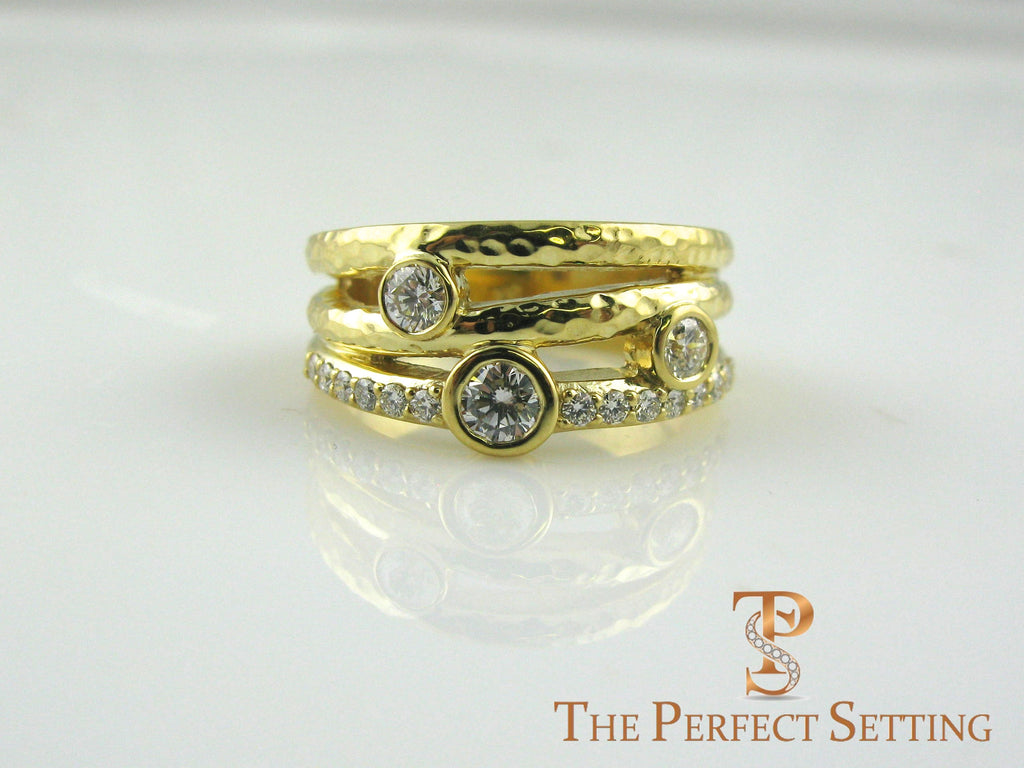 Rustic diamond right hand ring yellow gold