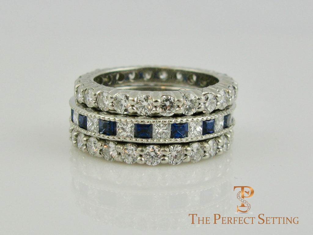 Princess Cut Sapphire Diamond Milgrain Wedding Band Platinum